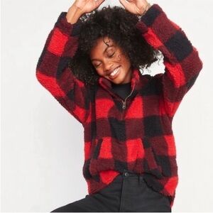Old Navy Red Black Buffalo Plaid 1/4 Zip Pullover Sherpa Large Cozy Holiday